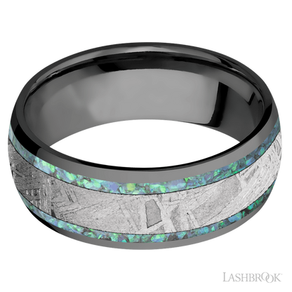 8 mm wide/Domed/Zirconium band featuring inlays of Teal Opal and Meteorite.