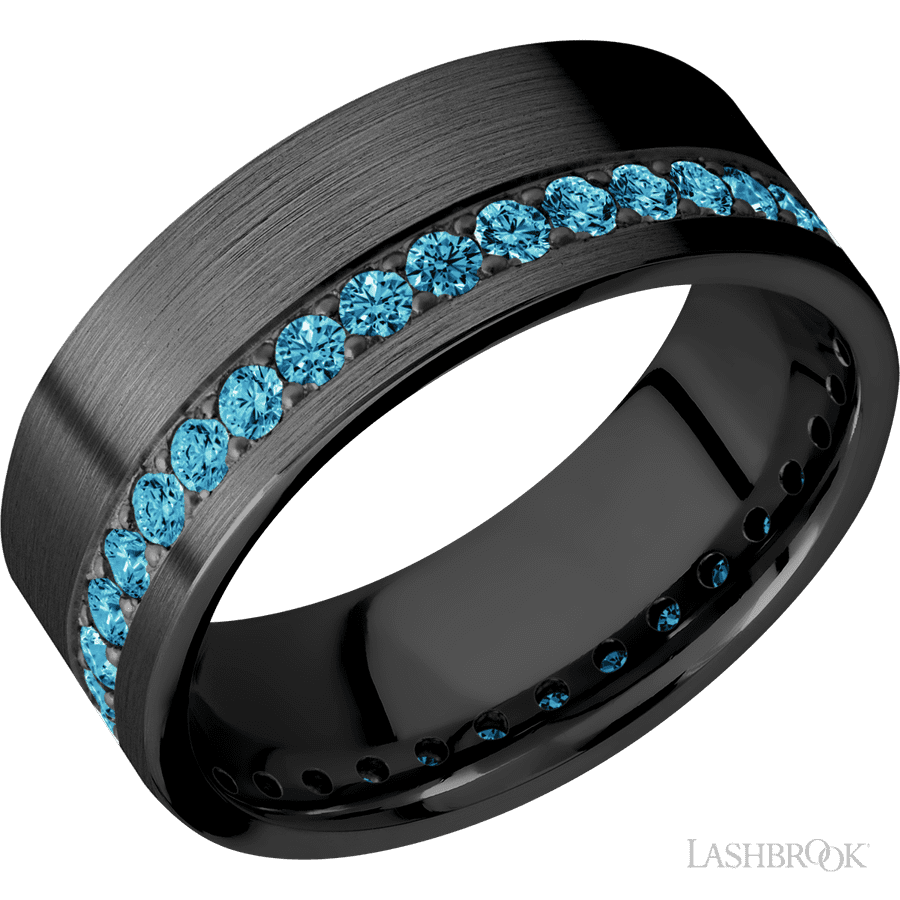 8 mm wide/Flat/Zirconium band with a Off Center Eternity arrangement of .03 carat Round Lab Blue Diamond stones in a Bead setting.