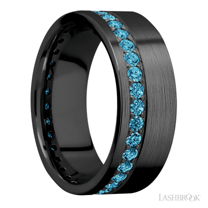 8 mm wide/Flat/Zirconium band with a Off Center Eternity arrangement of .03 carat Round Lab Blue Diamond stones in a Bead setting.