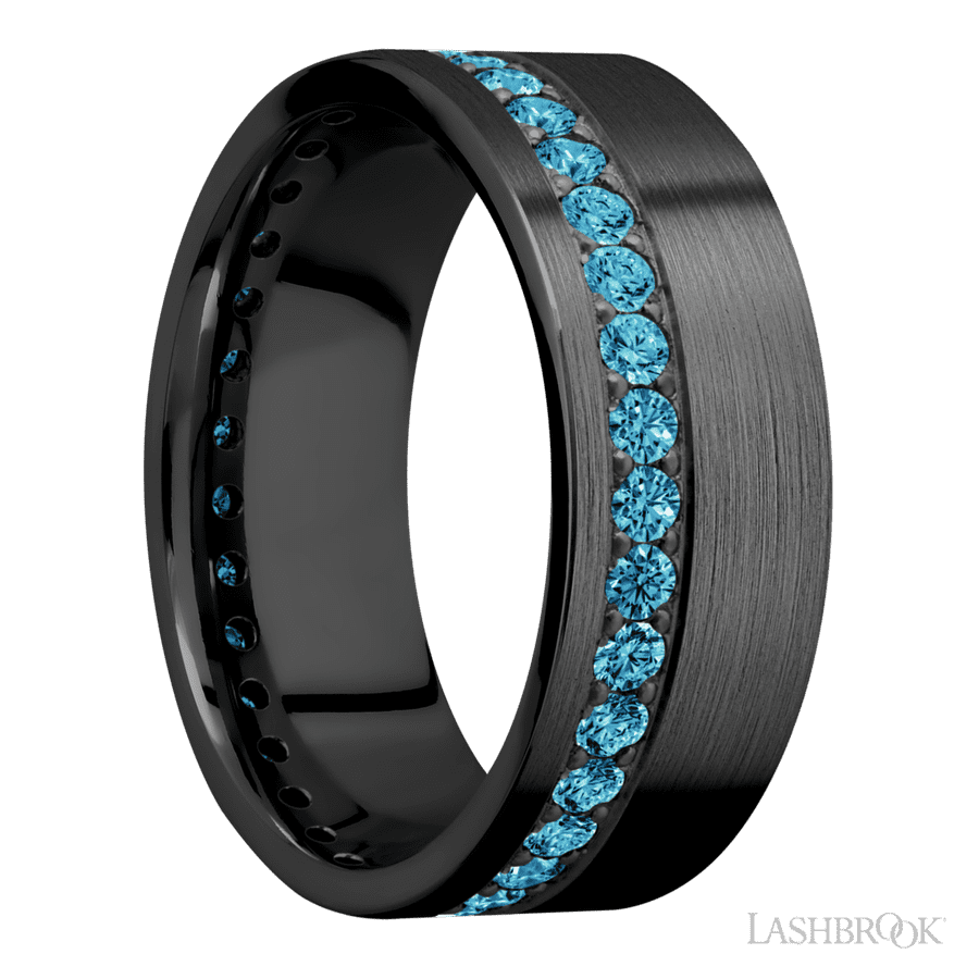 8 mm wide/Flat/Zirconium band with a Off Center Eternity arrangement of .03 carat Round Lab Blue Diamond stones in a Bead setting.