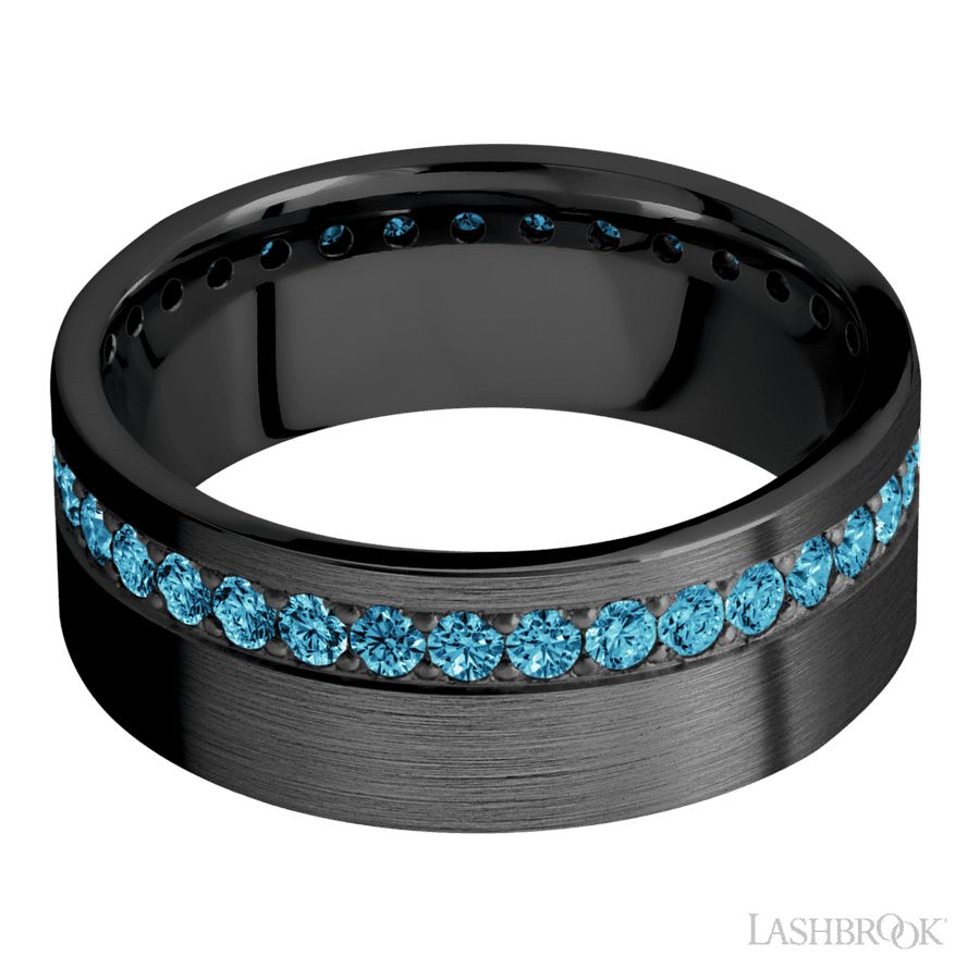 8 mm wide/Flat/Zirconium band with a Off Center Eternity arrangement of .03 carat Round Lab Blue Diamond stones in a Bead setting.