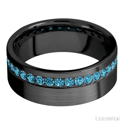 8 mm wide/Flat/Zirconium band with a Off Center Eternity arrangement of .03 carat Round Lab Blue Diamond stones in a Bead setting.
