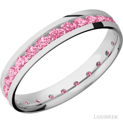 4 mm wide/Domed/Cobalt Chrome band with an Eternity arrangement of .07 carat Round Lab Dark Pink Diamond stones in a Channel setting.
