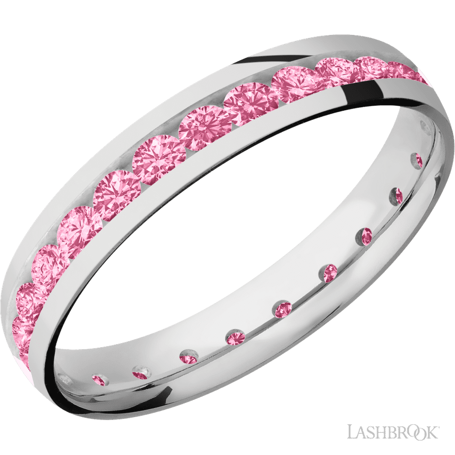4 mm wide/Domed/Cobalt Chrome band with an Eternity arrangement of .07 carat Round Lab Dark Pink Diamond stones in a Channel setting.