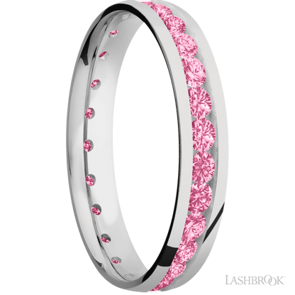4 mm wide/Domed/Cobalt Chrome band with an Eternity arrangement of .07 carat Round Lab Dark Pink Diamond stones in a Channel setting.