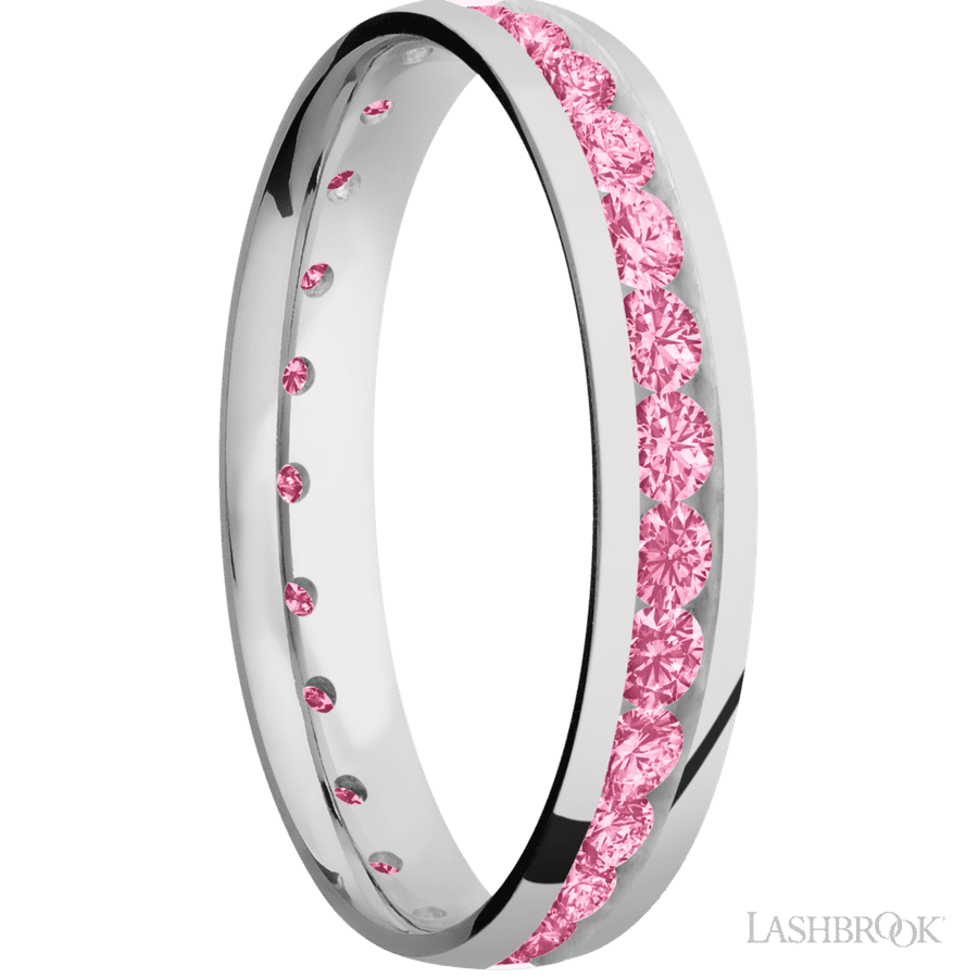 4 mm wide/Domed/Cobalt Chrome band with an Eternity arrangement of .07 carat Round Lab Dark Pink Diamond stones in a Channel setting.