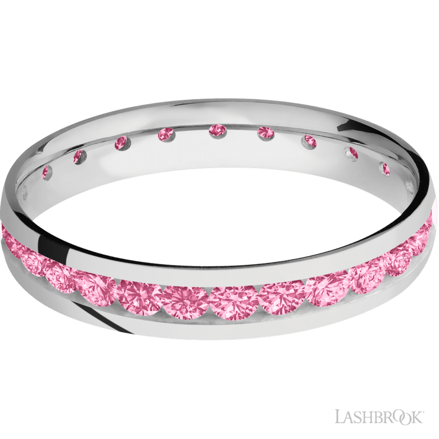 4 mm wide/Domed/Cobalt Chrome band with an Eternity arrangement of .07 carat Round Lab Dark Pink Diamond stones in a Channel setting.