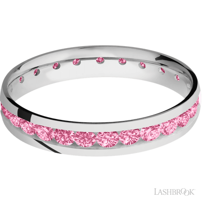 4 mm wide/Domed/Cobalt Chrome band with an Eternity arrangement of .07 carat Round Lab Dark Pink Diamond stones in a Channel setting.