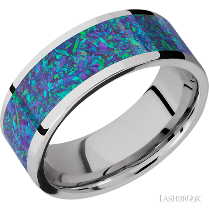 8 mm wide/Flat/Cobalt Chrome band with one 6 mm Centered inlay of Blue Green Opal.