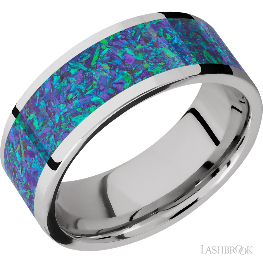 8 mm wide/Flat/Cobalt Chrome band with one 6 mm Centered inlay of Blue Green Opal.