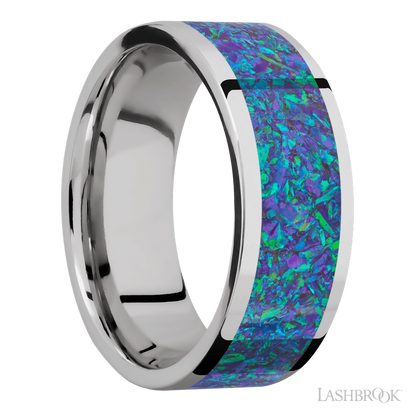 8 mm wide/Flat/Cobalt Chrome band with one 6 mm Centered inlay of Blue Green Opal.