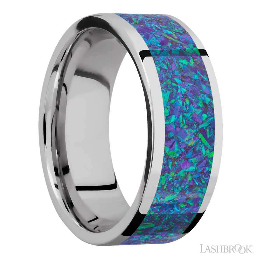 8 mm wide/Flat/Cobalt Chrome band with one 6 mm Centered inlay of Blue Green Opal.