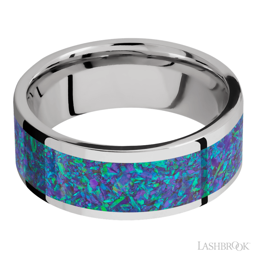 8 mm wide/Flat/Cobalt Chrome band with one 6 mm Centered inlay of Blue Green Opal.