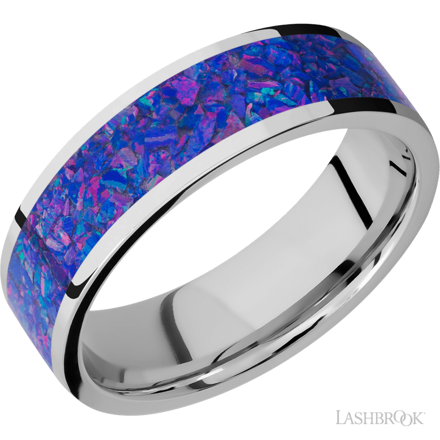 7 mm wide/Flat/Cobalt Chrome band with one 5 mm Centered inlay of Purple Opal.