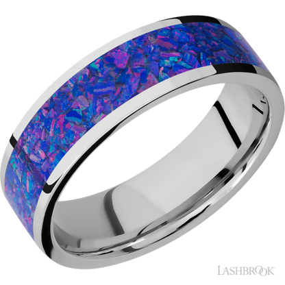 7 mm wide/Flat/Cobalt Chrome band with one 5 mm Centered inlay of Purple Opal.