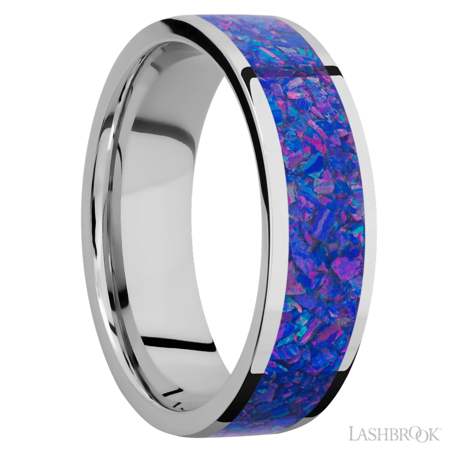 7 mm wide/Flat/Cobalt Chrome band with one 5 mm Centered inlay of Purple Opal.