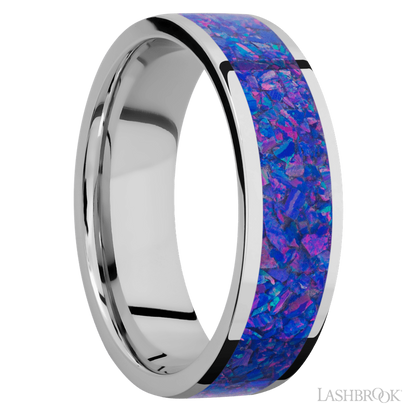 7 mm wide/Flat/Cobalt Chrome band with one 5 mm Centered inlay of Purple Opal.