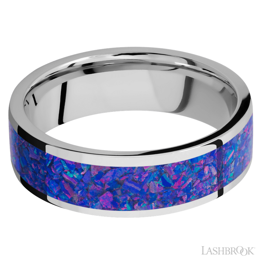 7 mm wide/Flat/Cobalt Chrome band with one 5 mm Centered inlay of Purple Opal.