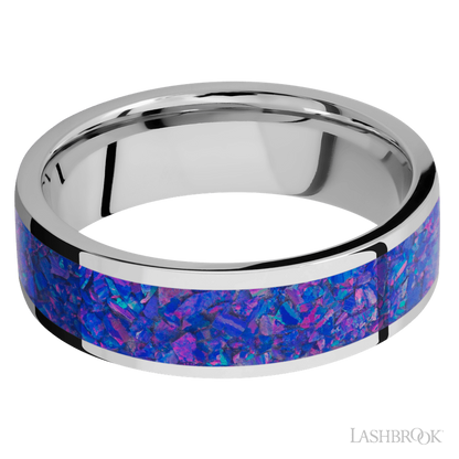 7 mm wide/Flat/Cobalt Chrome band with one 5 mm Centered inlay of Purple Opal.