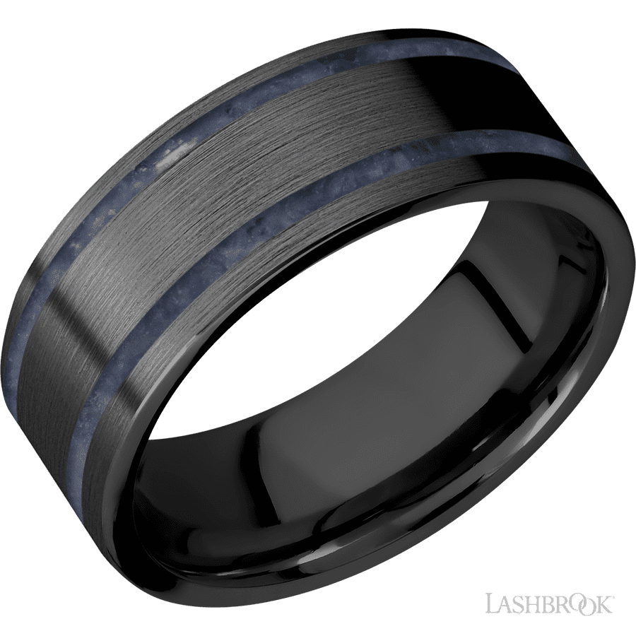 8 mm wide/Flat/Zirconium band with two 1 mm Wide inlays of Sodalite.