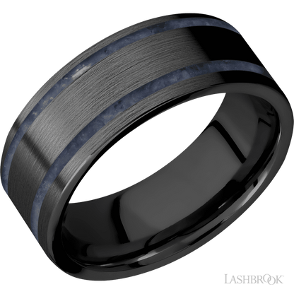 8 mm wide/Flat/Zirconium band with two 1 mm Wide inlays of Sodalite.