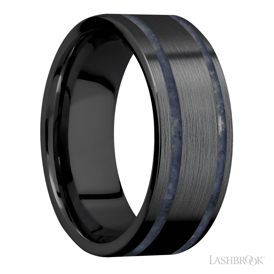 8 mm wide/Flat/Zirconium band with two 1 mm Wide inlays of Sodalite.