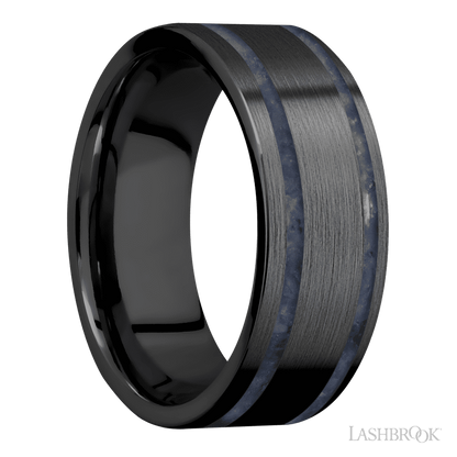 8 mm wide/Flat/Zirconium band with two 1 mm Wide inlays of Sodalite.