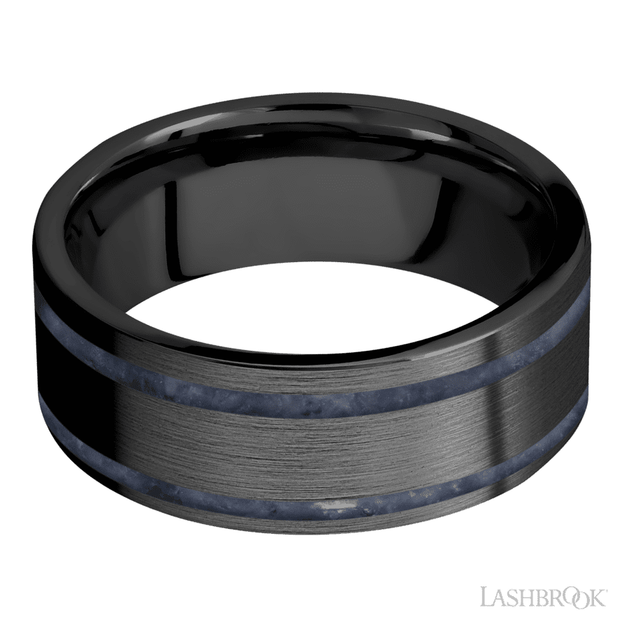 8 mm wide/Flat/Zirconium band with two 1 mm Wide inlays of Sodalite.