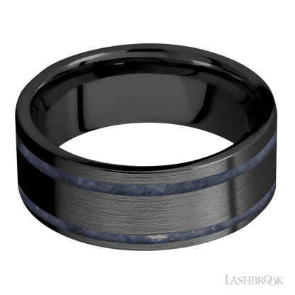 8 mm wide/Flat/Zirconium band with two 1 mm Wide inlays of Sodalite.