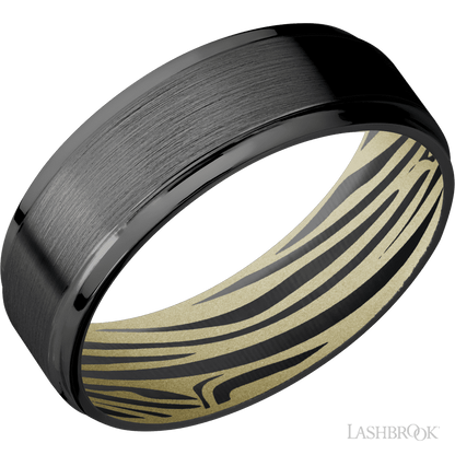 7 mm wide Flat Grooved Edges Zirconium band featuring a Bright Nickel sleeve.