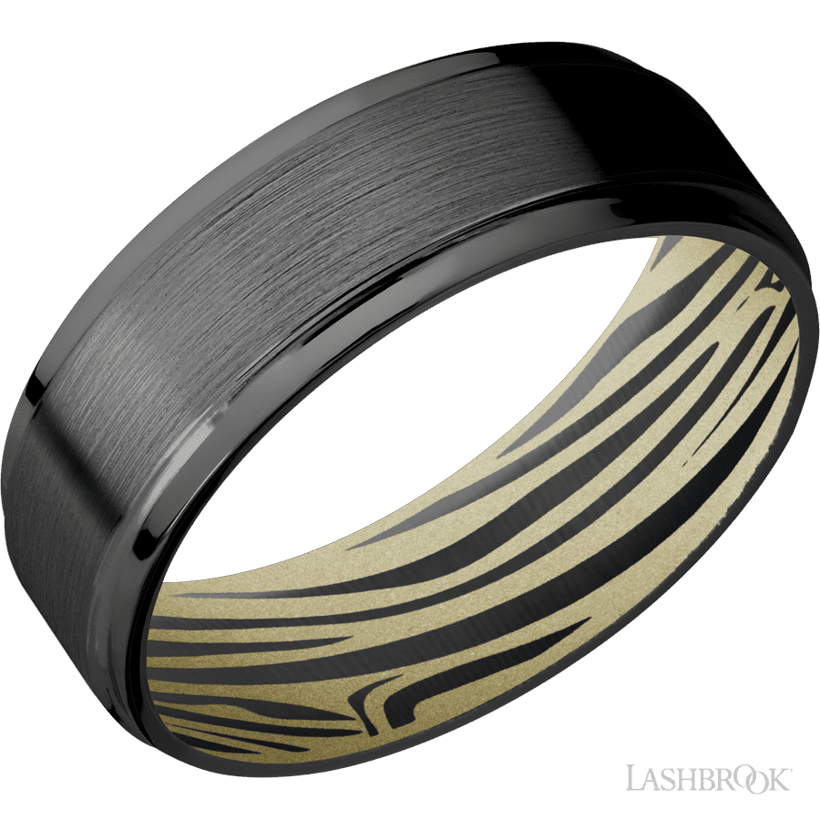 7 mm wide Flat Grooved Edges Zirconium band featuring a Bright Nickel sleeve.