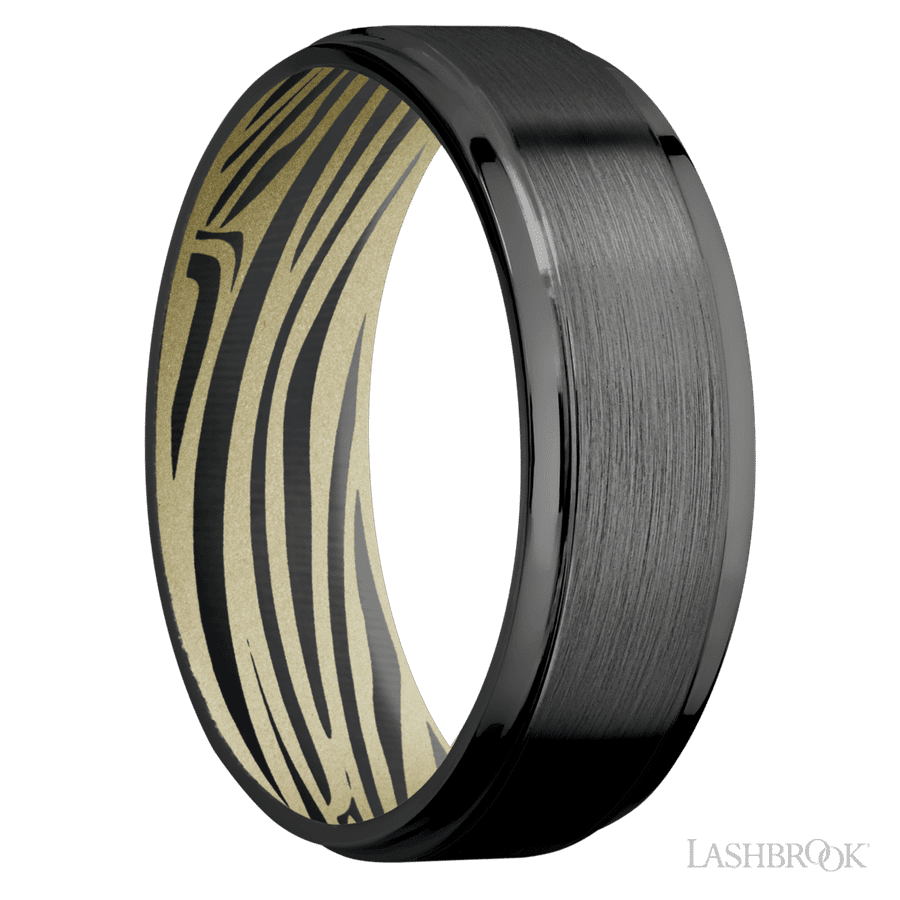 7 mm wide Flat Grooved Edges Zirconium band featuring a Bright Nickel sleeve.