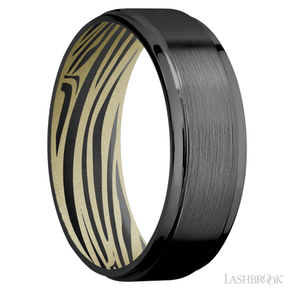 7 mm wide Flat Grooved Edges Zirconium band featuring a Bright Nickel sleeve.