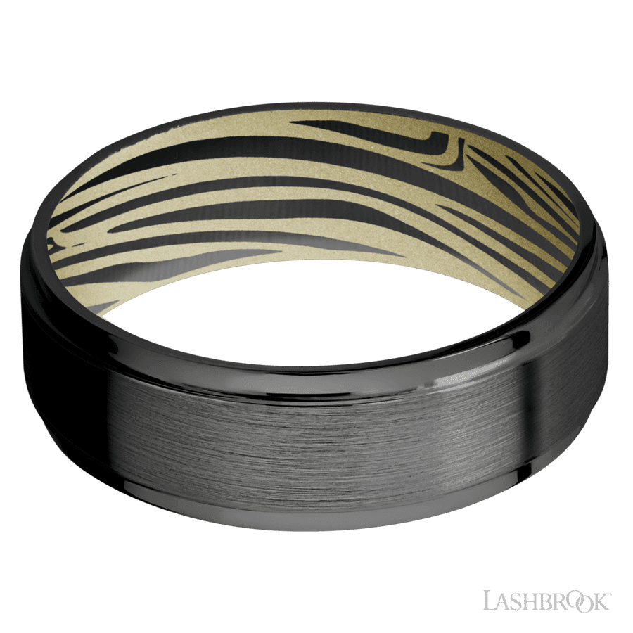 7 mm wide Flat Grooved Edges Zirconium band featuring a Bright Nickel sleeve.