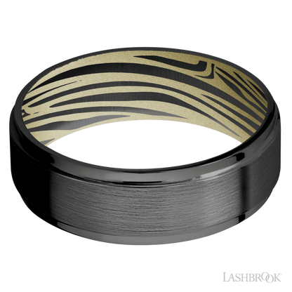 7 mm wide Flat Grooved Edges Zirconium band featuring a Bright Nickel sleeve.