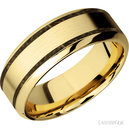 8 mm wide/High Bevel/14K Yellow Gold band with two 1 mm Wide inlays of Gold Tiger Eye.