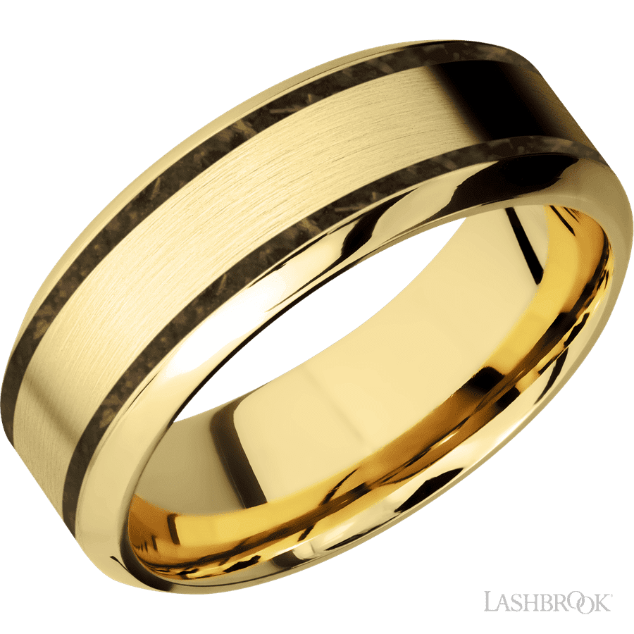 8 mm wide/High Bevel/14K Yellow Gold band with two 1 mm Wide inlays of Gold Tiger Eye.