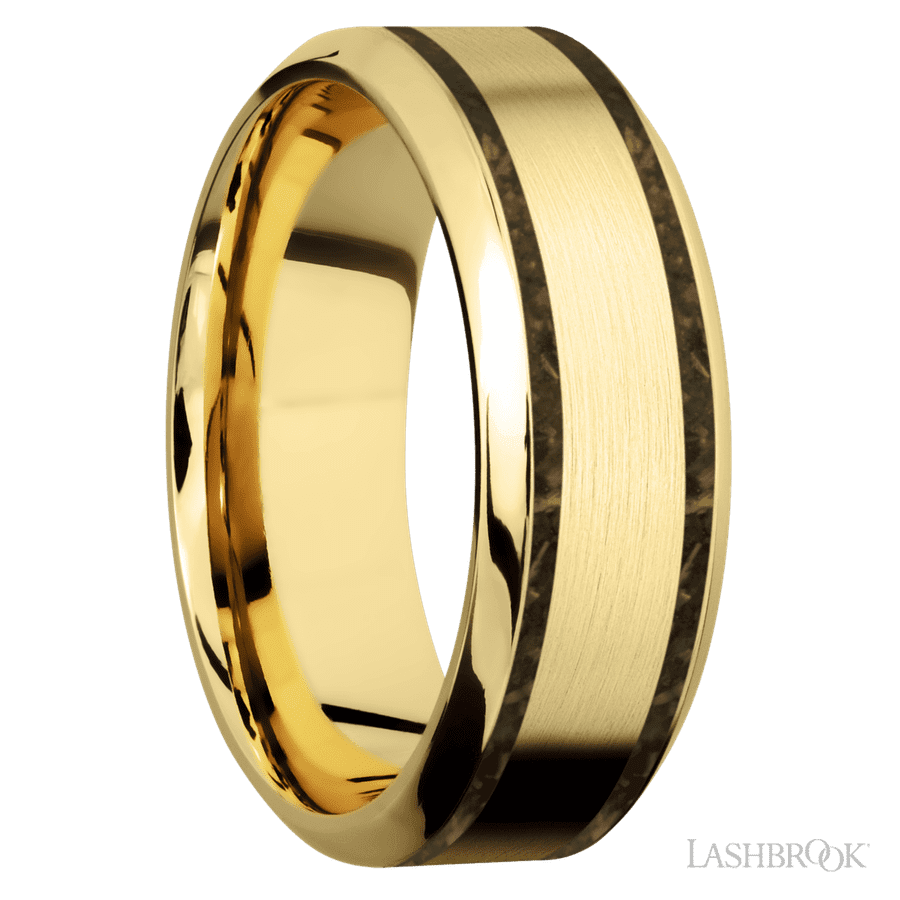 8 mm wide/High Bevel/14K Yellow Gold band with two 1 mm Wide inlays of Gold Tiger Eye.