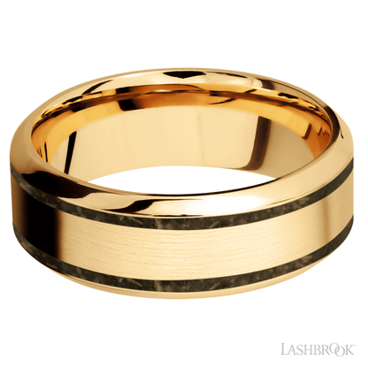 8 mm wide/High Bevel/14K Yellow Gold band with two 1 mm Wide inlays of Gold Tiger Eye.