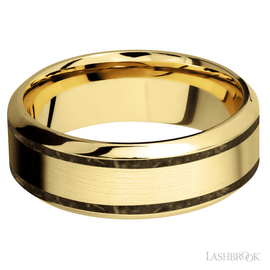 8 mm wide/High Bevel/14K Yellow Gold band with two 1 mm Wide inlays of Gold Tiger Eye.
