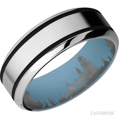 8 mm wide/High Bevel/Cobalt Chrome band with two 1 mm Wide inlays of Black also featuring a Polar Blue sleeve.