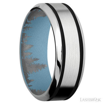 8 mm wide/High Bevel/Cobalt Chrome band with two 1 mm Wide inlays of Black also featuring a Polar Blue sleeve.
