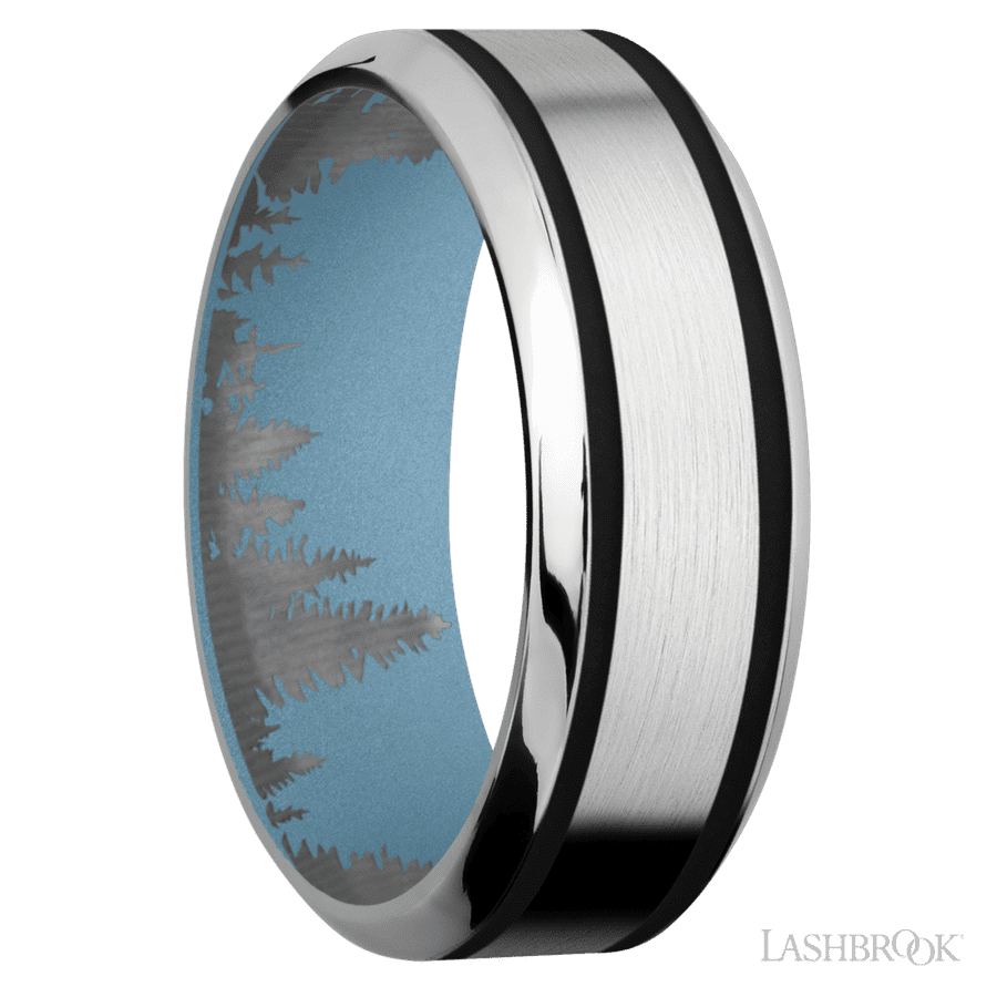 8 mm wide/High Bevel/Cobalt Chrome band with two 1 mm Wide inlays of Black also featuring a Polar Blue sleeve.