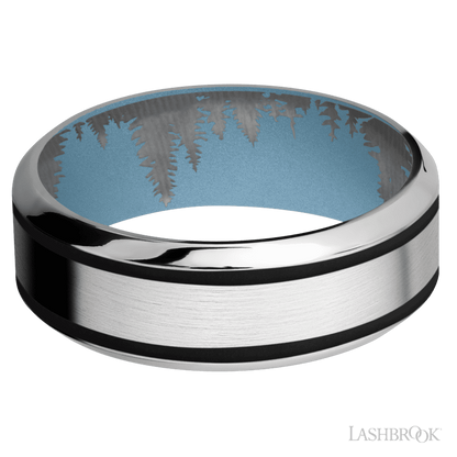 8 mm wide/High Bevel/Cobalt Chrome band with two 1 mm Wide inlays of Black also featuring a Polar Blue sleeve.