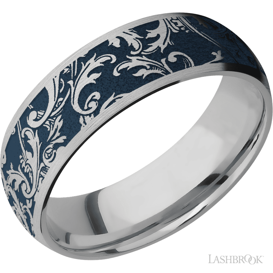 7 mm wide/Domed/Titanium band with a laser carved Black Leaf pattern.