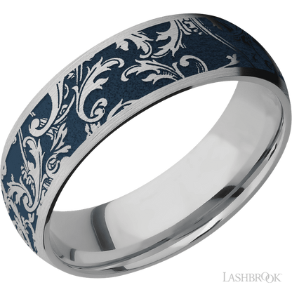 7 mm wide/Domed/Titanium band with a laser carved Black Leaf pattern.