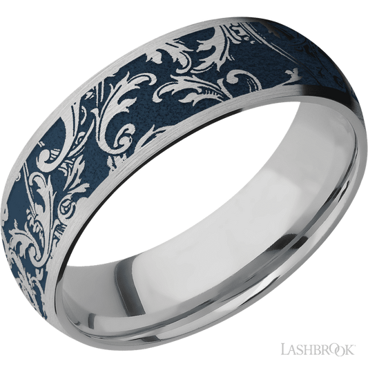 Lashbrook 7mm Domed Titanium Wedding Band — Black Leaf Pattern