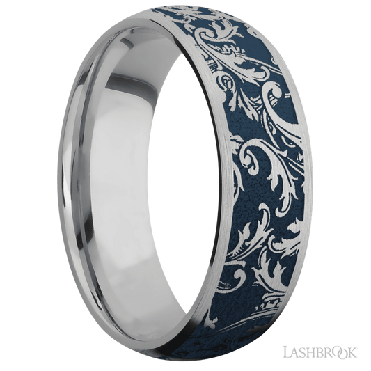 Lashbrook 7mm Domed Titanium Wedding Band — Black Leaf Pattern