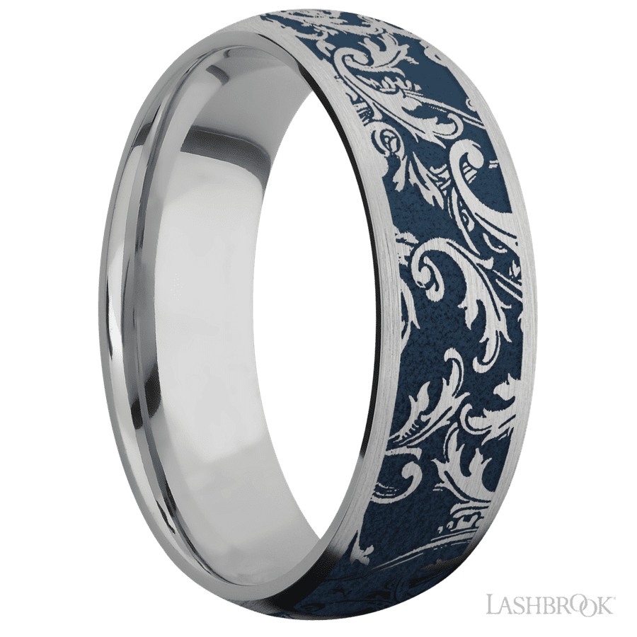 7 mm wide/Domed/Titanium band with a laser carved Black Leaf pattern.