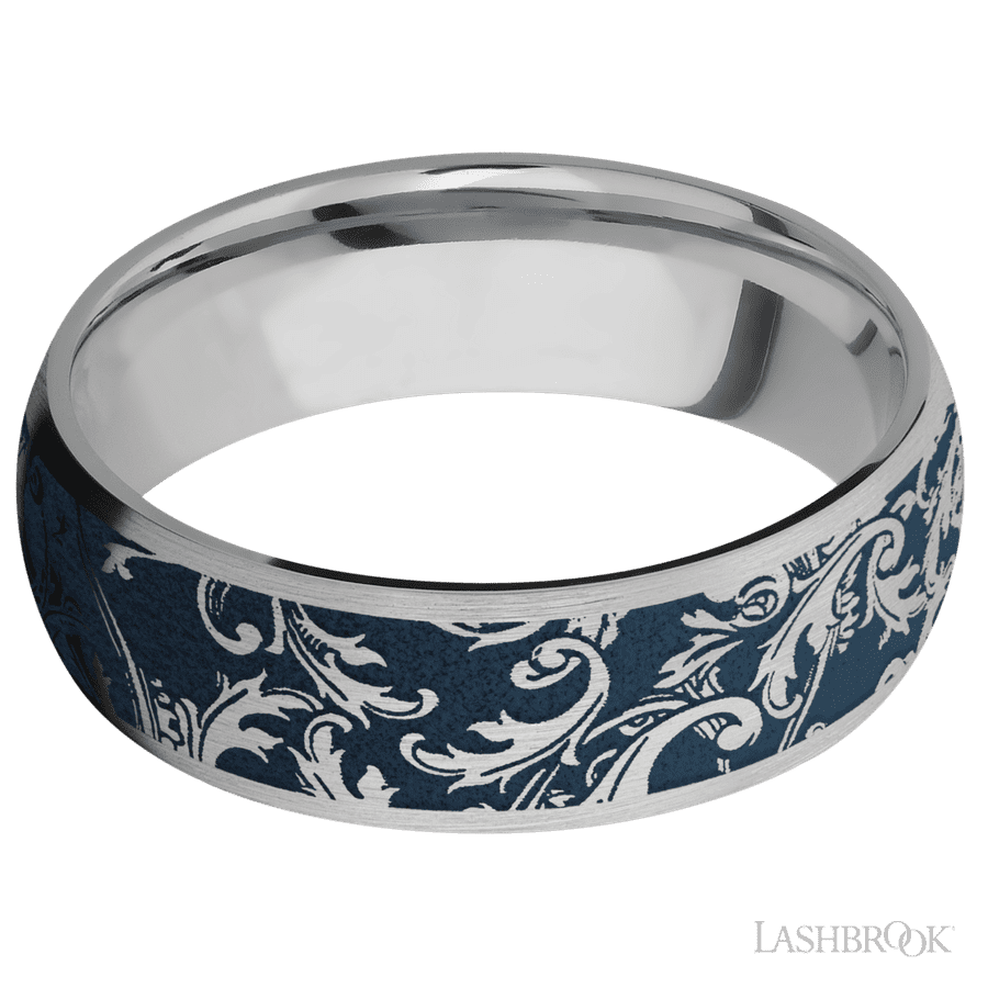 7 mm wide/Domed/Titanium band with a laser carved Black Leaf pattern.
